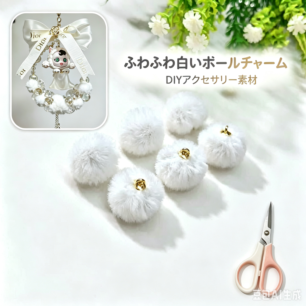 【開封品】M14 フワフワポンポンボール DIYキット カーミラーチャーム・アクセサリー素材 多カラー