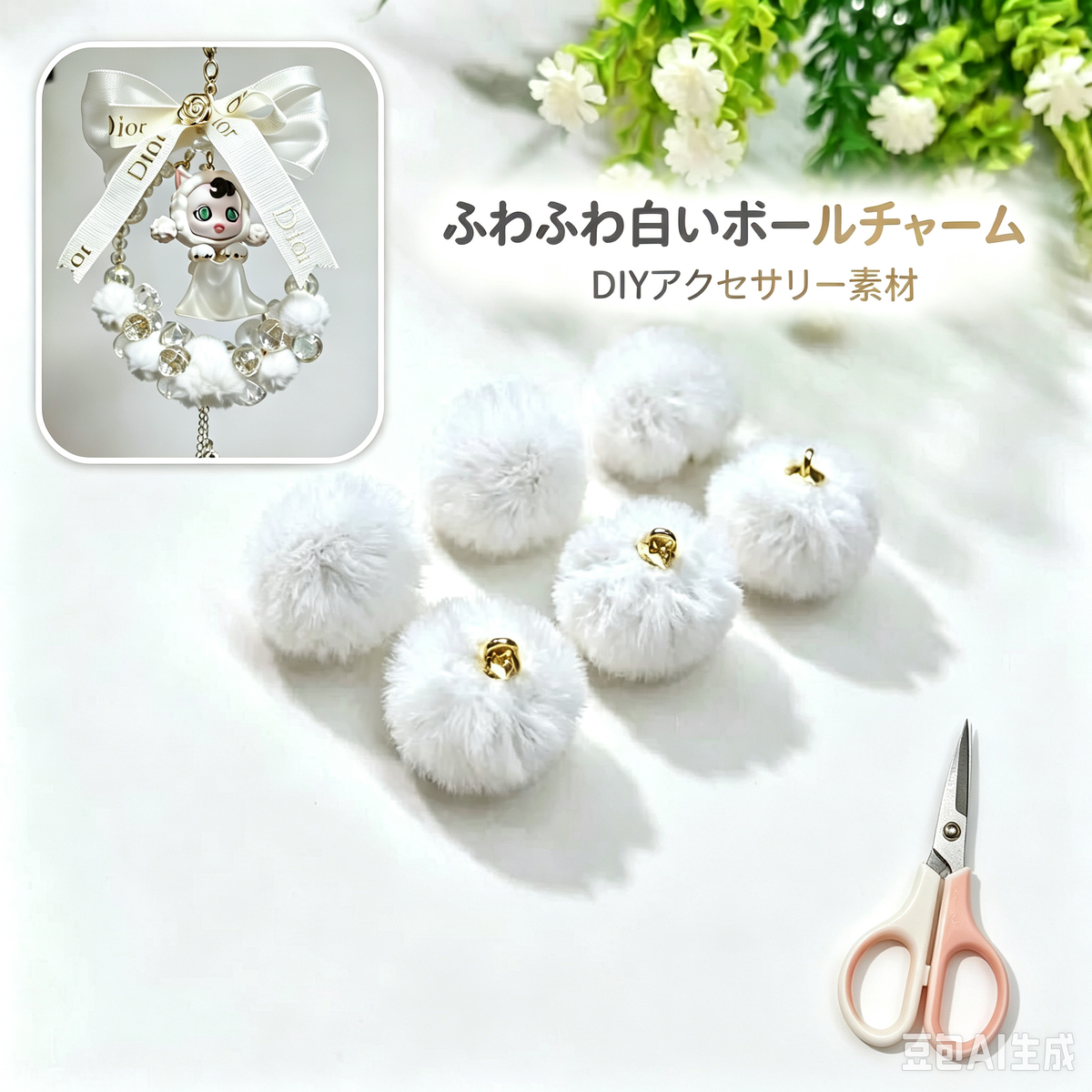 【開封品】M14 フワフワポンポンボール DIYキット カーミラーチャーム・アクセサリー素材 多カラー