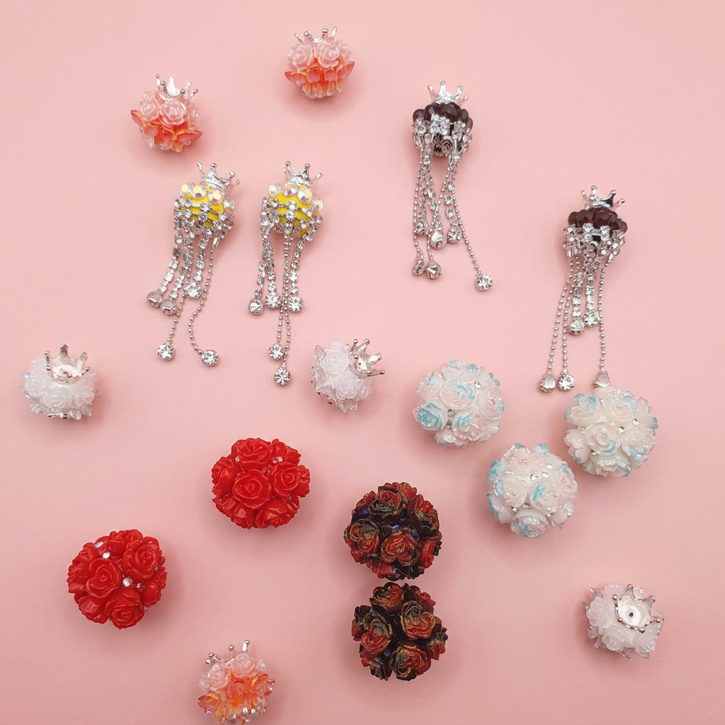 【開封】M27 新作 薔薇フラワーボール＆クラウンタッセルチャーム 高級感立体ローズビーズ DIYハンドメイド